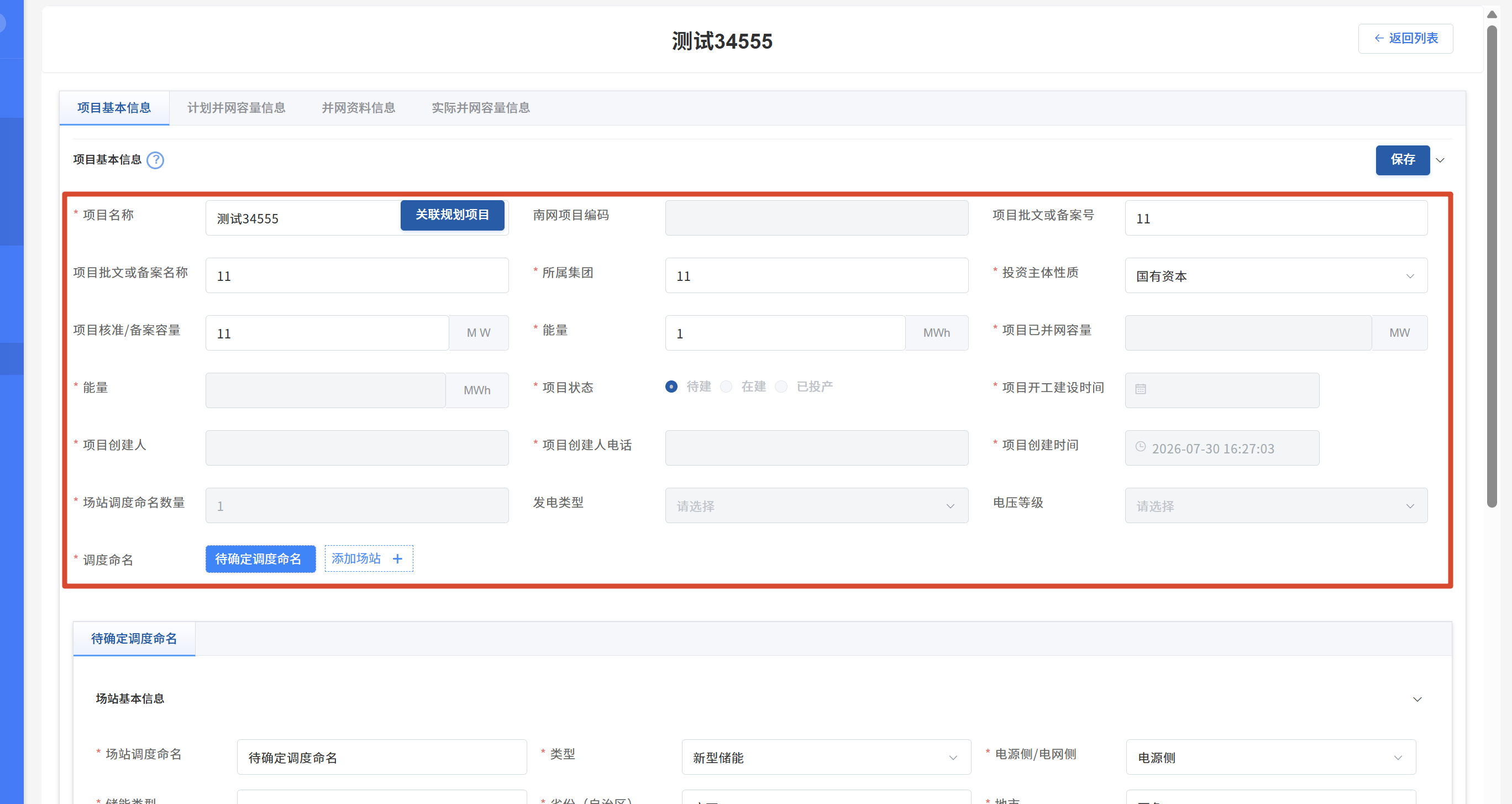 新型储能项目基本信息表单