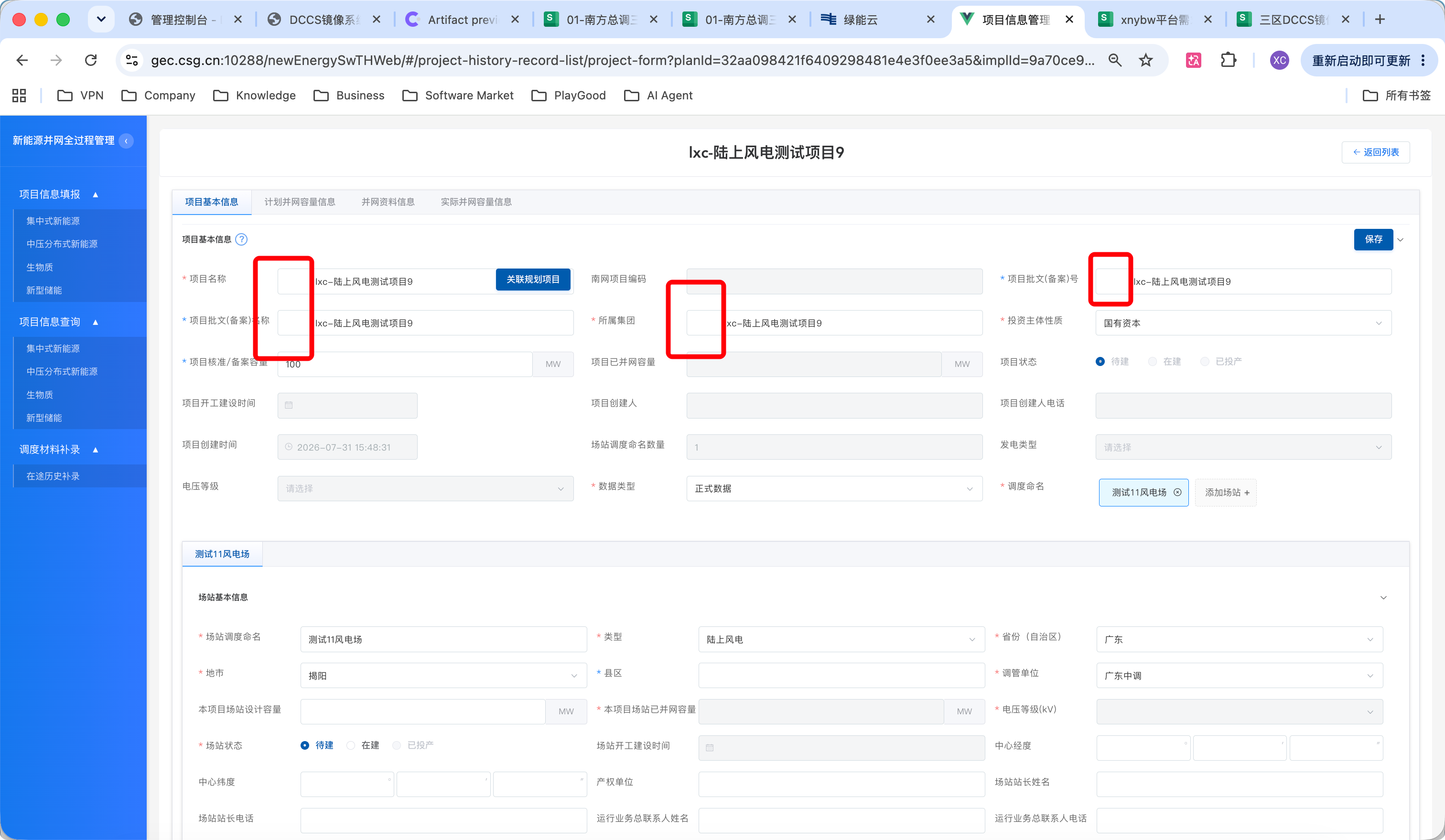 项目基本信息表单，项目名称/项目批文(备案)号/所属集团等输入框前有空白光标位